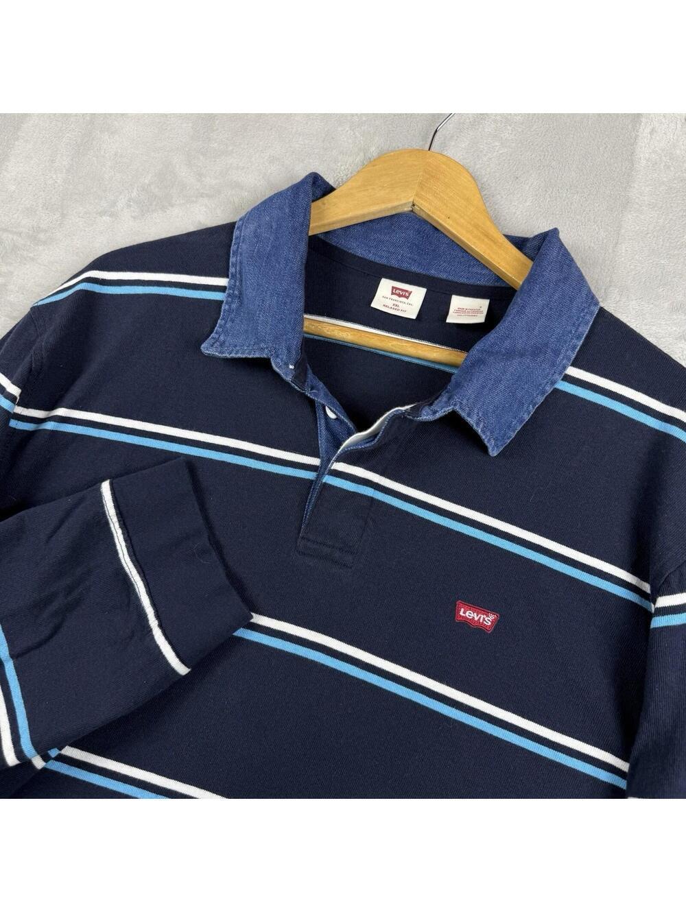 Levis Rugby Shirt Men XL Striped Long Sleeve Polo Denim Collar Cotton Fleece Y2K